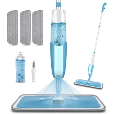 Imagen de PAPCLEAN,Mopa de microfibra con 3 almohadillas reutilizables y botella recargable 410 ml, fregona giratoria 360 grados, adecuada para suelos madera dura, laminado o cerámica, color azul cian