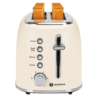 Imagen de Aigostar Tostadora Retro, 2 Ranuras Corta Extra Anchas de 4 cm, Acero Inoxidable, 6 Niveles Tostado, Descongelar, Recalentar y Cancelar, Programa Especial Bagels. Diseño Vintage en Beige. Cream