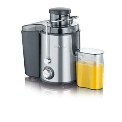 Imagen de SEVERIN licuadora para verduras y frutas ricas en vitaminas, extractor de zumo silencioso, eléctrica acero con recipiente recolector 500 ml, plateado/negro, ES 3566