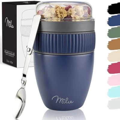 Imagen de Milu Taza para muesli to go 400ml acero inoxidable I Vaso con 2 Partes sopas ensaladas Pasta yogur postres aso de a prueba derrames cuchara (Azul marino)