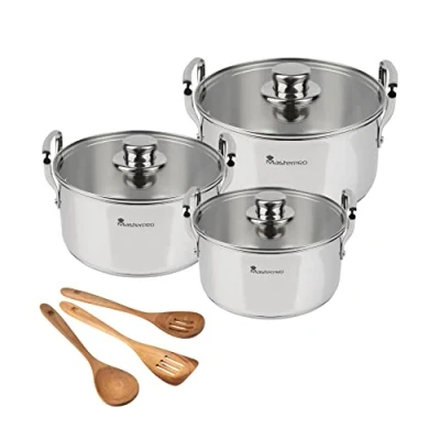 Imagen de MasterPro Smart Juego de Cocina Batería 6 Piezas y 3 Utensilios Ollas Acero Inoxidable Cacerolas 11,7 L, 6,5 L 3,1 Aptas para Todo Tipo Cocinas