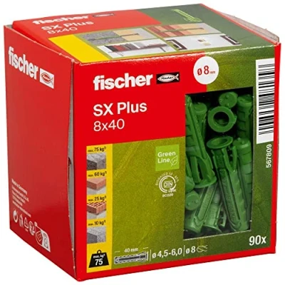 Imagen de fischer tacos pared Ecológicos para hormigón SX Plus GREEN 8x40 de materiales renovables fijar lámparas, cuadros, aires acondicionados (caja 90 unidades)