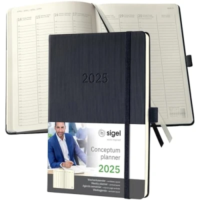 Imagen de SIGEL C2519 Conceptum Agenda semanal 2025, diseño vertical, aprox. A5, negro, tapa dura, dos páginas = una semana, 192