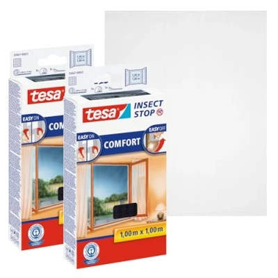 Imagen de tesa Insect Stop Malla Mosquitera COMFORT para Ventanas en Paquete de 2 Autoadhesiva con Cierre Gancho y Bucle Tela Antimosquitos Gris Antracita, 130 cm x 150