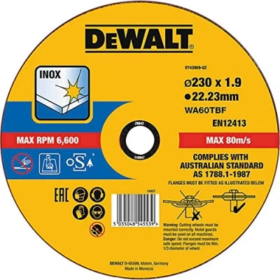 Imagen de DEWALT DT43909 QZ Disco de corte plano INOX con grano profesional óxido aluminio Thin Cut 230 x 1.9 22.23 mm