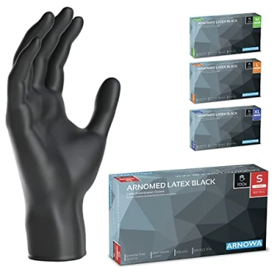 Imagen de ARNOMED guantes latex talla S, de negros, sin polvo, 100 uds/caja, tallas M, L y XL desechables, negros latex, desechables