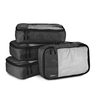 Imagen de Amazon Basics Organizador Para Maletas, Organizadores de Viaje, con Cremallera, Juego 4 Bolsas, Pequeño, Negro