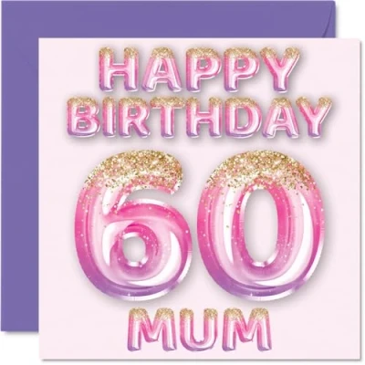 Imagen de Tarjeta de cumpleaños número 60 para mamá, globos purpurina rosa y morada, tarjetas feliz madre años edad, hijo e hija, felicitación