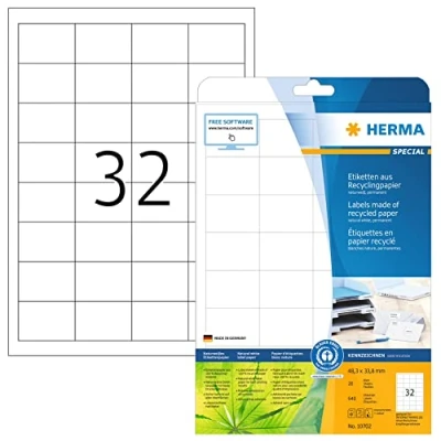 Imagen de HERMA 10702 Etiquetas recicladas, 20 hojas, 48,3 x 33,8 mm, 32 hojas por A4, 640 unidades, autoadhesivas, imprimibles, mate, en blanco, papel reciclado, blanco natural