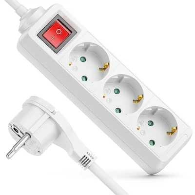 Imagen de deleyCON Listón de 3 Tomas con Clavija Plana y Regleta Multitoma Interruptor ON/Off Conector Múltiple Eléctrico para Interior 1,4 m Contacto Carcasa Plástico Robusta Blanco