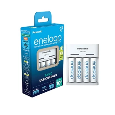 Imagen de eneloop Basic Cargador USB, para 2 o 4 Pilas Recargables AA/AAA, 10h de Tiempo Carga, 6 Funciones Seguridad, AA (2000 mAh) Incluidas