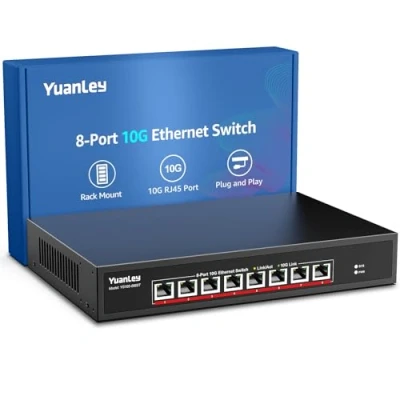 Imagen de YuanLey 10G Switch Ethernet 8 Puerto RJ45, Admite Negociación Automática de Velocidad 10G/5G/2,5G/1G/100M, Capacidad Conmutación 160G, No Gestionado Montable en Bastidor, Plug and Play