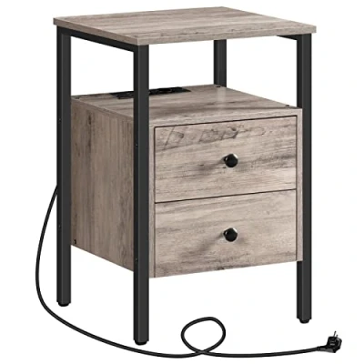 Imagen de HOOBRO Mesita de Noche, Mesas Centro con Enchufe y Puerto USB, Mesa Auxiliar Cajones Estantes Almacenamiento, Adecuada para Sala Estar, Dormitorio, Greige EBG43CBZ01G2