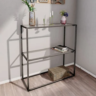 Imagen de [en.casa] Mesa Consola con Estante Adicional Mueble de Entrada para Salón Recibidor Resistente a los Arañazos Metal Cristal Templado 85 x 80 30 cm Negro y Transparente