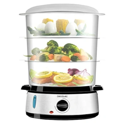 Imagen de Cecotec Vaporera eléctrica Vapovita 3000 Inox, 3 recipientes Independientes, Cuenco para Preparar arroz, Soportes cocer Huevos, Temporizador 60 Minutos, 2 entradas Laterales de Agua, Gris, 800 W