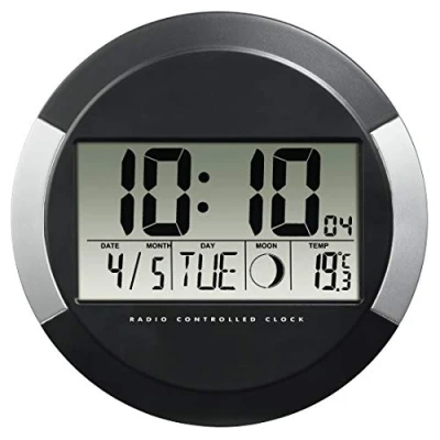 Imagen de Hama PP 245 Reloj de Pared Digital (con indicador Temperatura, DCF, con Fecha, termómetro, Fases la Luna, para Montar/Colgar, 24.5 cm diámetro, Redondo), Color Plateado y Negro