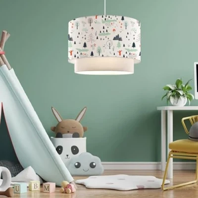Imagen de lux.pro Lámpara Colgante Infantil de Techo para Niños con Motivo Árbol Dormitorio 1xE27 20 W Plástico Tela 70 x Ø 30 cm Blanco y Verde