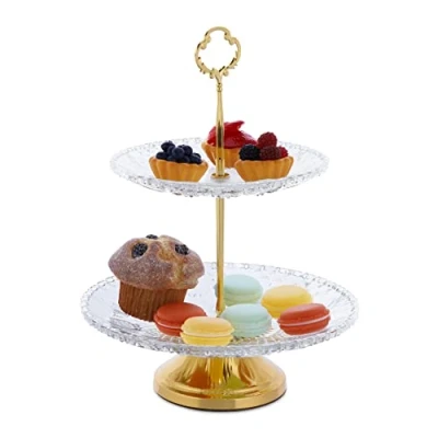 Imagen de Relaxdays Soporte Tartas, 2 Pisos, Bandejas Pasteles Cristal y Hierro, Platos Cupcakes Redondos, Transparente Dorado, 30 x 23 cm