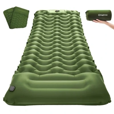 Imagen de KingCamp Tapete de camping, ultraligero inflable con bomba pie integrada, colchoneta compacta duradera almohada, colchón camping para mochileros, senderismo, verde