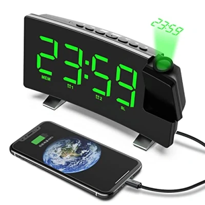 Imagen de VORRINC Radio Despertador Digital Proyector, FM Reloj de Proyección, Despertadores Digitales, Pantalla Curva LED 7 Pulgadas y Atenuador, Alarma Dual, Puerto USB, 12/24 Hora, Snooze