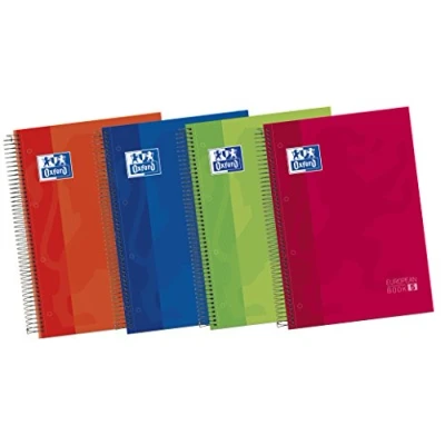 Imagen de Oxford, Cuadernos A4+ Microperforados, Pack de 5 unidades, 120 Hojas, Tapa Extradura y Espiral, bandas color, Cuadrícula 5x5, Colores Surtidos.