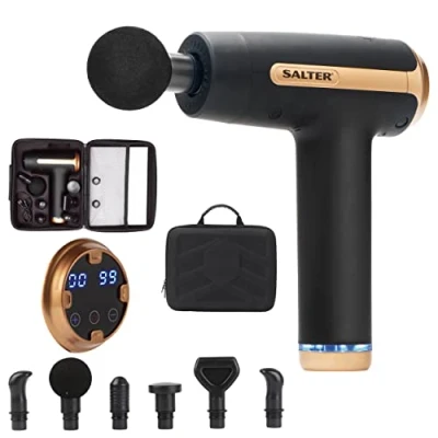 Imagen de Salter EE6817BLKSTKEU7 Pistola de masaje, masajeador recuperación deportiva portátil con funda, 6 cabezales fijación intercambiables, 30 opciones intensidad y velocidad, batería recargable