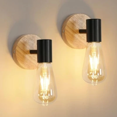 Imagen de Comely 2 Piezas Aplique de Pared Vintage Madera Interior, Lámpara Industrial E27, Iluminación Interior para Dormitorio, Sala Estar, Pasillo, Negro (Bombilla no Incluida)