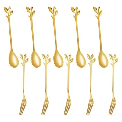 Imagen de NISHZHU 5 Cuchara + Tenedores Hoja de Acero Inoxidable para Pastel Café Tenedor Cucharas Postre, Juego Cucharaditas Remover Dorado