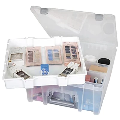 Imagen de AB Designs 6899ABD Super Satchel de doble profundidad con bandeja elevación y divisores extraíbles, contenedor apilable para organización del hogar, transparente pestillos asa
