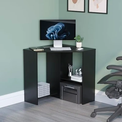 Imagen de Vida Designs Hetton Escritorio esquinero estantes, para Oficina en el hogar, Mesa Ordenador portátil, Estudio, Juegos, Muebles, Color Negro, Madera de ingeniería, 76 x 100 70 Cm