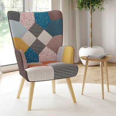 Imagen de IDMarket Sillón escandinavo Ivar en tejido Patchwork multicolor