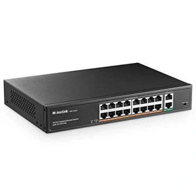 Imagen de MokerLink 16 Puertos Gigabit Switch PoE, 2 Uplink, 250W IEEE802.3af/at, Conmutador Ethernet Plug and Play no Administrado para Montaje en Rack