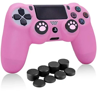 Imagen de HLRAO PS4 Controller Skin Pink, Antideslizante Grip Funda Protectora de Silicona Compatible con / Slim/Pro Wireless/Wired Gamepad 8 x FPS Pro Thumb Caps + 2 Cat Paw Caps.