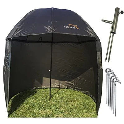 Imagen de NECO 15027 Paraguas de pesca (diámetro 250 cm, con capa, paragüero y clavos, protección contra la lluvia, viento rayos UV, 4 hombres equipaje carpa + estuche gratuito), verde, S