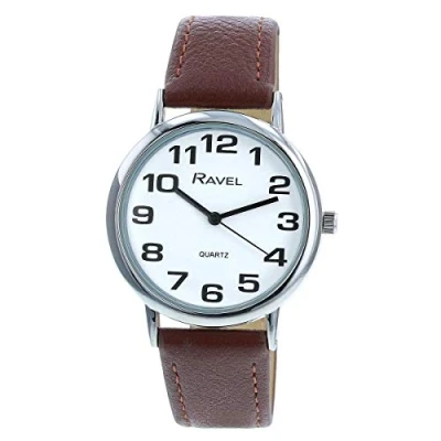 Imagen de Ravel Reloj Unisex de Correa fácil Lectura con números Grandes Marrón/Tono Plateado/Esfera Blanca