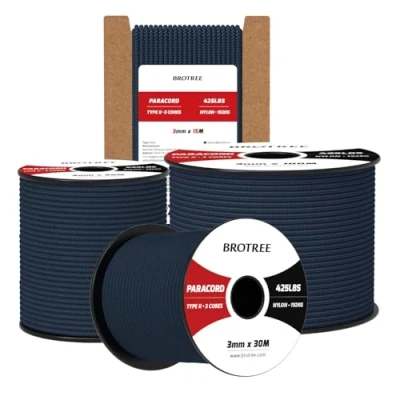 Imagen de Brotree Paracord 3mm 50M Cuerda 100% Nylon Tipo II 3 Hebras 425 para Exterior, Bricolaje 192 kg Carga de Rotura (Azul Marino)
