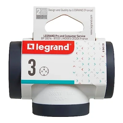 Imagen de Legrand 694520, Adaptadores 2P+T, 3 Tomas de enchufes/Corriente Laterales, Ladron enchufes, Color Blanco/Gris Oscuro