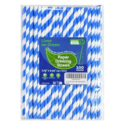 Imagen de Lives on Green Pajitas de papel desechables a rayas azules para beber 19,7 cm, 100 unidades, compostables, cócteles, café, zumos