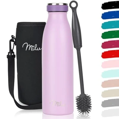 Imagen de Milu botella de acero inoxidable 350ml 500ml 750 ml 1 L 1,5 agua aislada, termo a prueba fugas, doble pared, apta para ácido carbónico + cepillo limpieza (Lilac, 500ml)