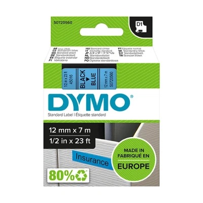 Imagen de DYMO D1 etiquetas auténticas impresión negra sobre fondo azul 12 mm x 7 m autoadhesivas para etiquetadoras LabelManager