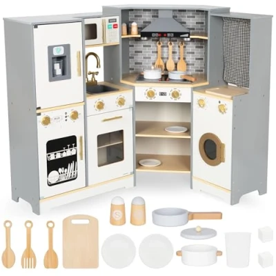 Imagen de Mamabrum cocina infantil de madera 3 +, interactiva grande XXXL con iluminación led, juego lavadora, horno, lavavajillas, campana extractora, máquina para hacer cacerolas y ollas