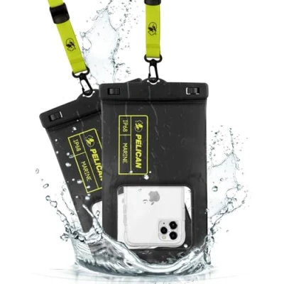 Imagen de Pelican Marine Paquete de 2 fundas impermeables IP68 para teléfono (tamaño XL) Funda flotante iPhone 14 Pro Max, 13 12 11, S23 Ultra/Pixel 7, cordón desmontable,