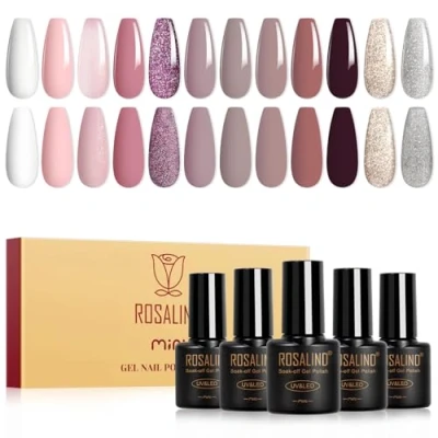 Imagen de ROSALIND Esmaltes Semipermanentes, 12 Colores Blanco Rosa Morado Avena Marrón Purpurina Oro Plata Pintauñas Semipermanentes,Soak Off UV/LED Mini en Gel Primavera Verano Manicure Regalo