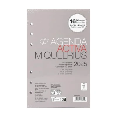 Imagen de Miquelrius Recambio Agenda Anual 2025, 16 MESES, Día Página, Anillas, Tamaño Activa 117 x 182 mm, 6 Español, Portugués e Inglés