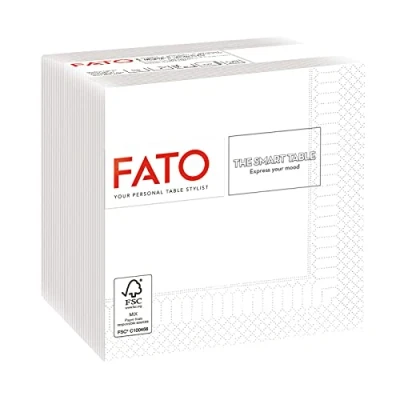 Imagen de Fato, Servilletas de Papel Desechables, Ideales para Aperitivos y Cocktails, Paquete 100 Servilletas, Tamaño 24x24 dobladas en 4, 2 capas, Color Blanco, 100% Puro Celulosa, Certificado FSC