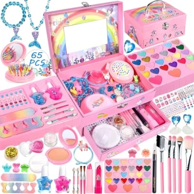 Imagen de MOYKSRR Kit de Maquillaje Niñas , 65 PCS Lavable Maquillaje, Juegos Belleza Cosméticos, Tocador Niña, Juguete Maquillajepara cumpleaños para Princesas 5 6 7 8 9 10+ Años