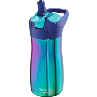 Imagen de MAPED Botella de Agua Colección Nightfall Acero Inoxidable 430 ml Color Azul Fácil Abrir con Botón Bloqueo Incluye un Asa Limpieza Sencilla