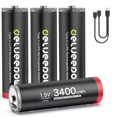 Imagen de Pilas Recargables AA Delyeepow 3400mWh batería de Recarga con Cargador USB, Cable Carga USB Tipo C, Iones Litio 1,5 V más 1500 ciclos, Paquete 4