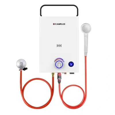 Imagen de CAMPLUX F10 Calentador de Agua a Gas 10L con Mango Ajustable 3 Niveles, Butano (28 30mbar) / Propano (37mbar), para Ducha al Aire Libre/Camping/RVs, First Serie