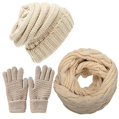 Imagen de CheChury Gorro Bufanda de punto Guantes Invierno Set y Cuello Suave Cálida Caliente Pantalla Táctil para Mujer Hombre